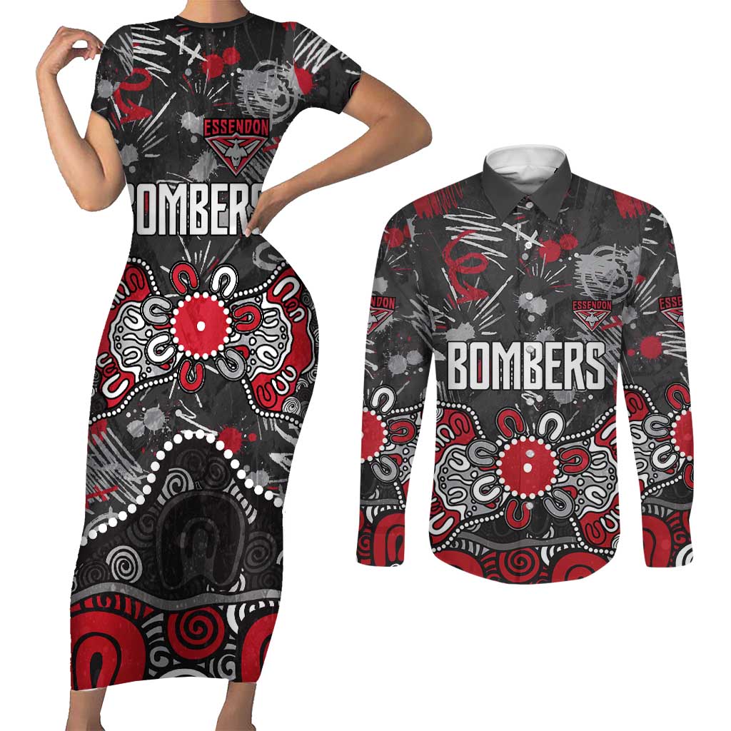 Personalized Essendon Bombers Couples Matching Short Sleeve Bodycon Dress and Long Sleeve Button Shirt Aboriginal Dot Painting Graffiti Style
