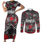Personalized Essendon Bombers Couples Matching Short Sleeve Bodycon Dress and Long Sleeve Button Shirt Aboriginal Dot Painting Graffiti Style