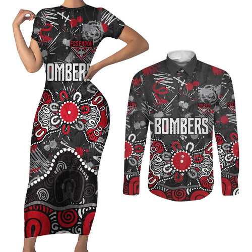 Personalized Essendon Bombers Couples Matching Short Sleeve Bodycon Dress and Long Sleeve Button Shirt Aboriginal Dot Painting Graffiti Style