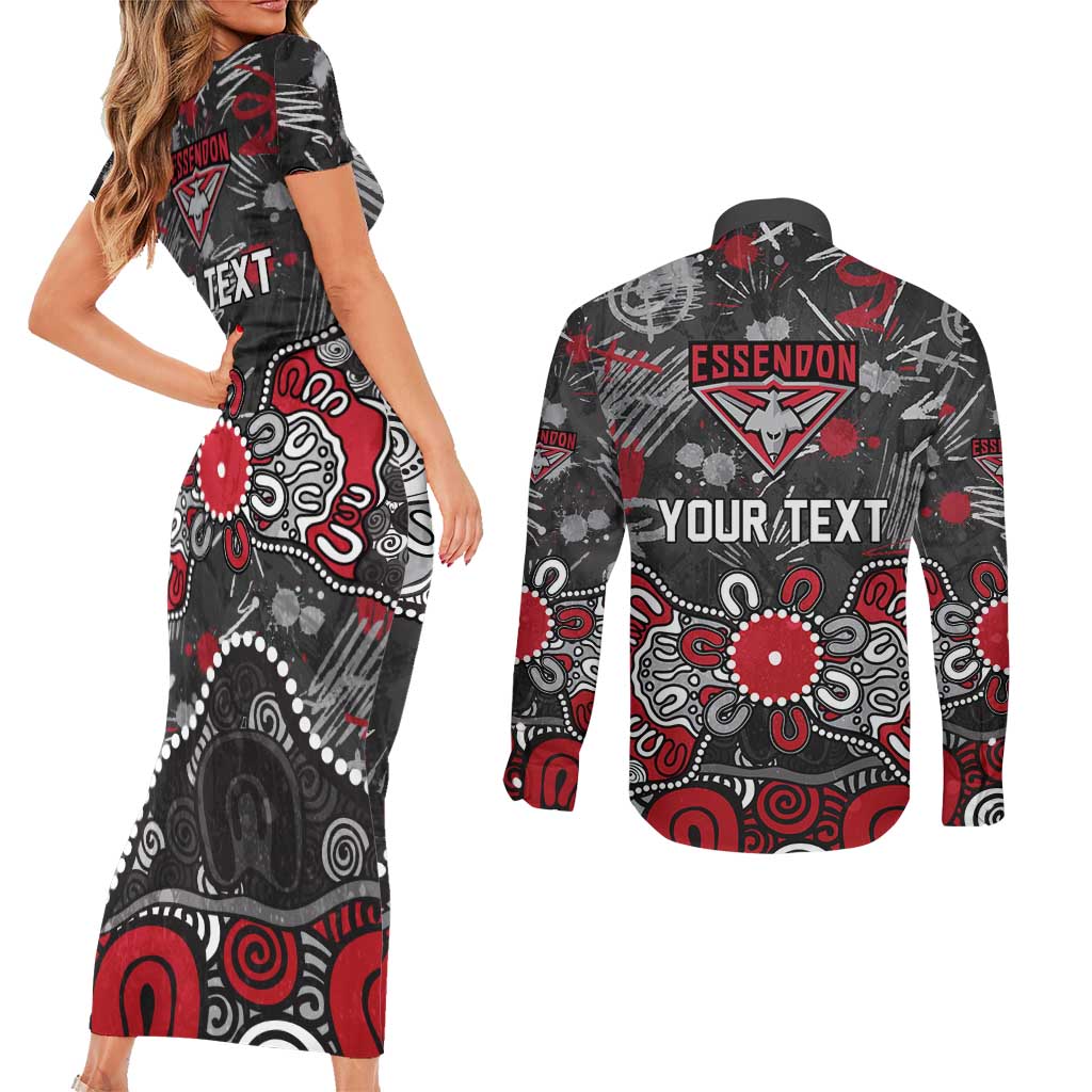 Personalized Essendon Bombers Couples Matching Short Sleeve Bodycon Dress and Long Sleeve Button Shirt Aboriginal Dot Painting Graffiti Style