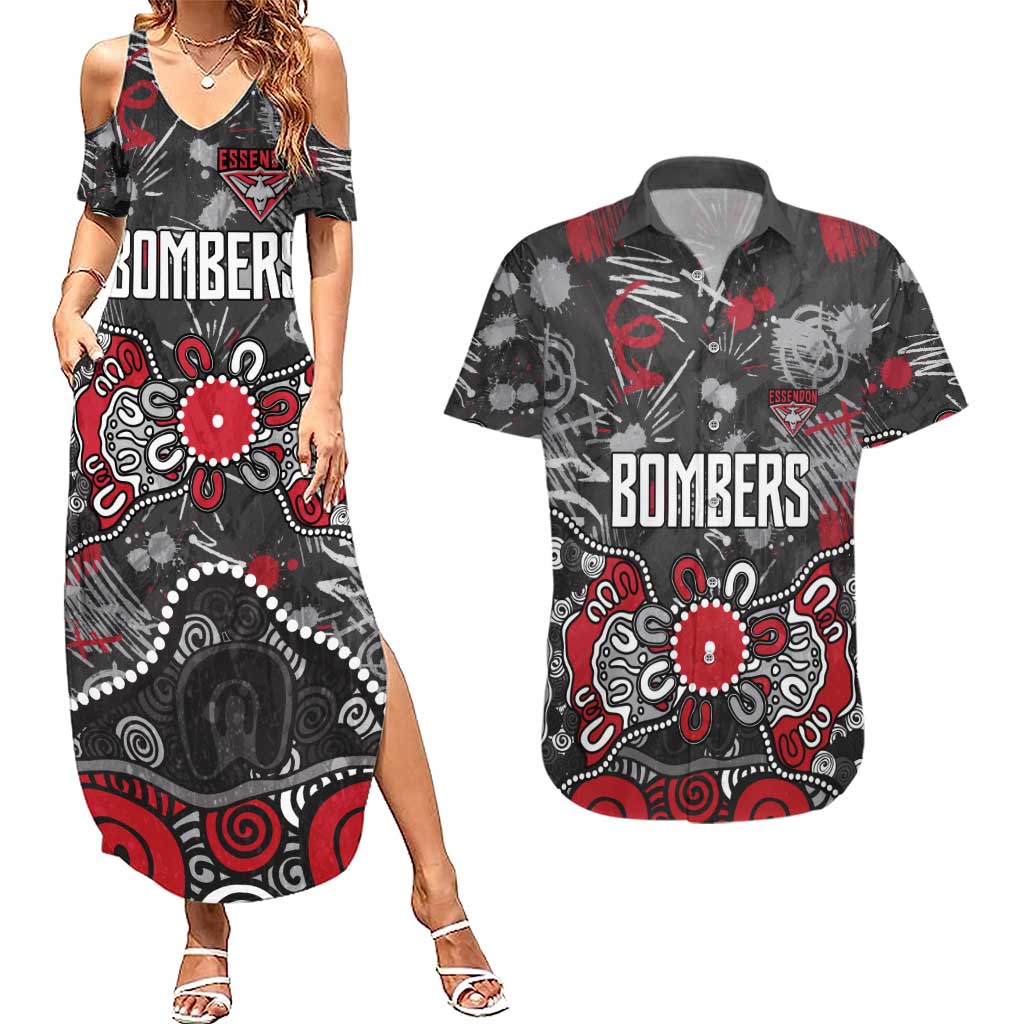 Personalized Essendon Bombers Couples Matching Summer Maxi Dress and Hawaiian Shirt Aboriginal Dot Painting Graffiti Style