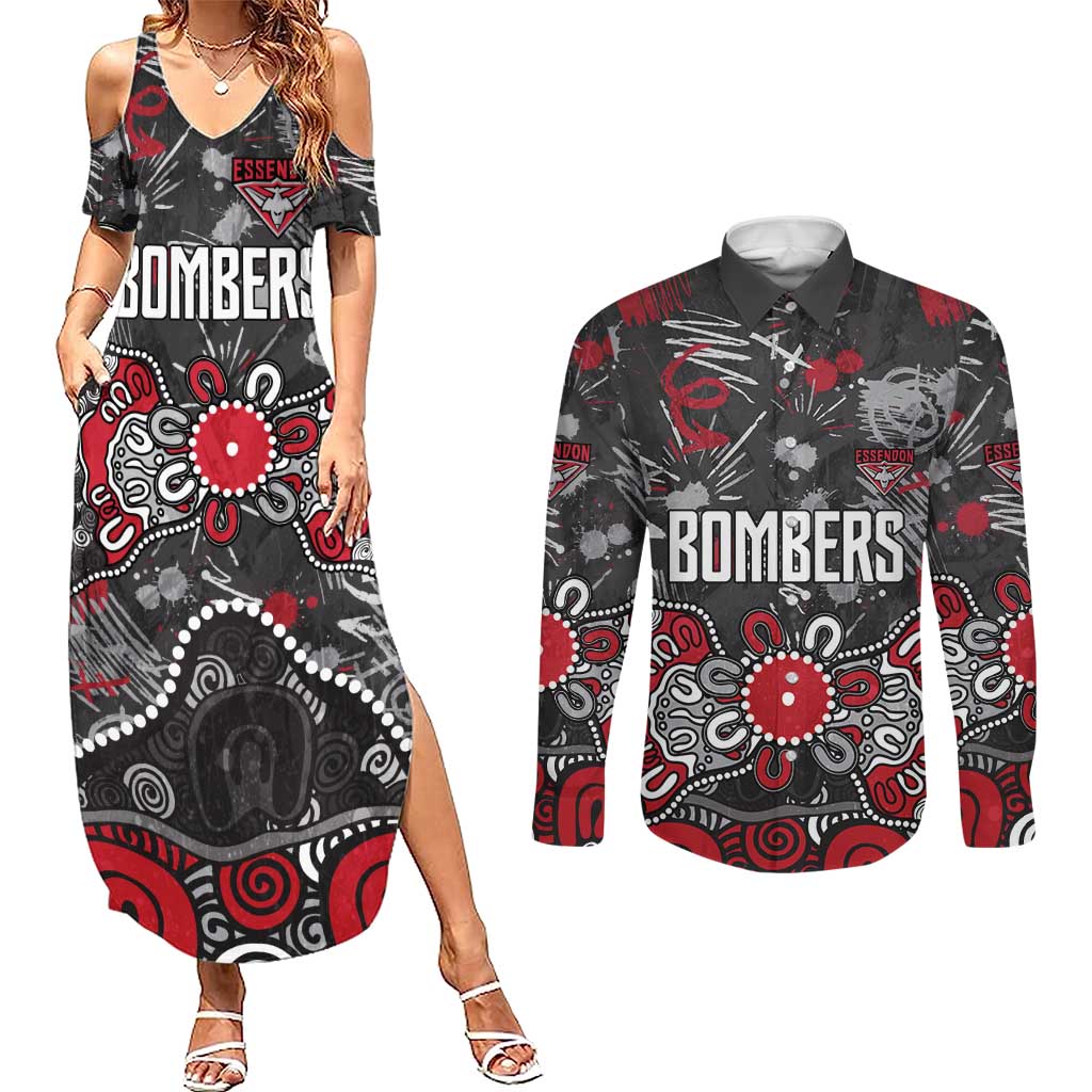 Personalized Essendon Bombers Couples Matching Summer Maxi Dress and Long Sleeve Button Shirt Aboriginal Dot Painting Graffiti Style