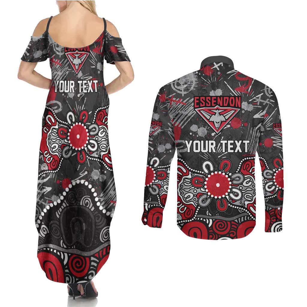Personalized Essendon Bombers Couples Matching Summer Maxi Dress and Long Sleeve Button Shirt Aboriginal Dot Painting Graffiti Style