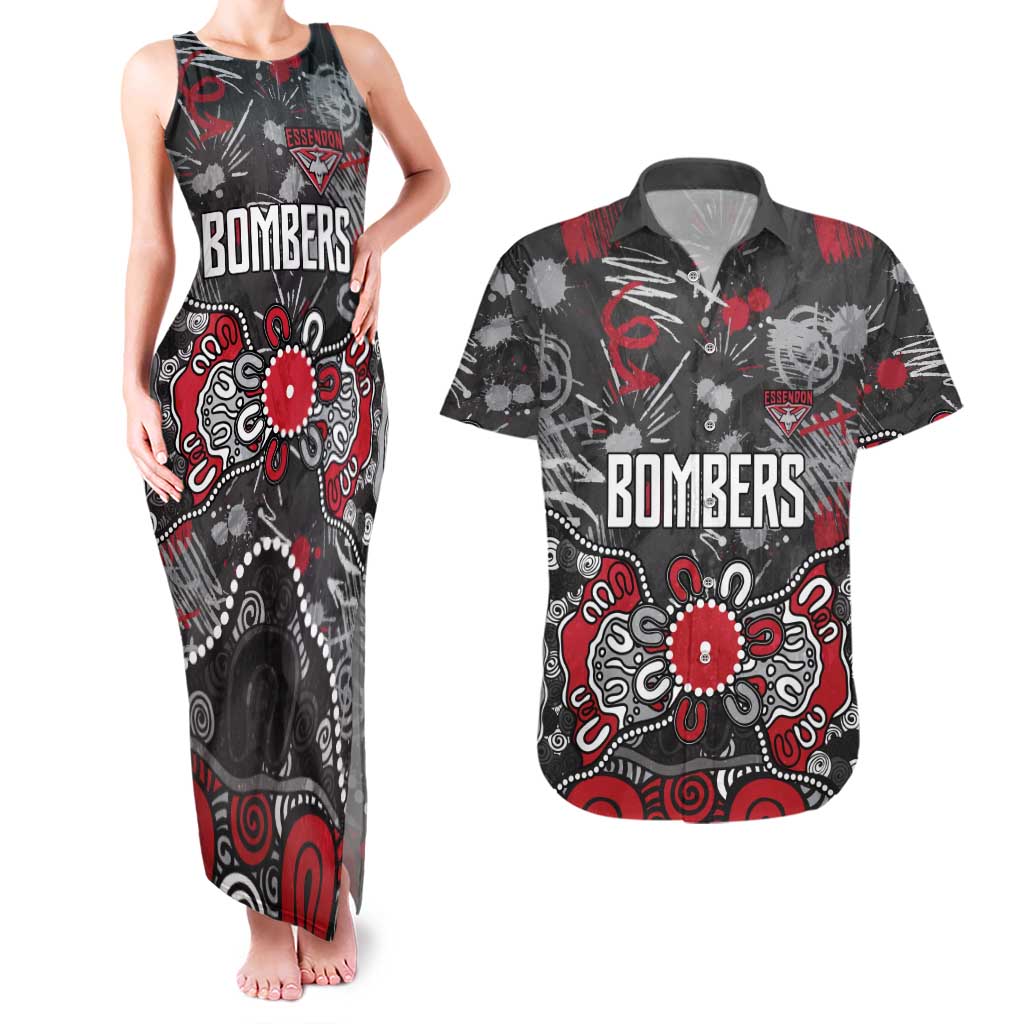 Personalized Essendon Bombers Couples Matching Tank Maxi Dress and Hawaiian Shirt Aboriginal Dot Painting Graffiti Style