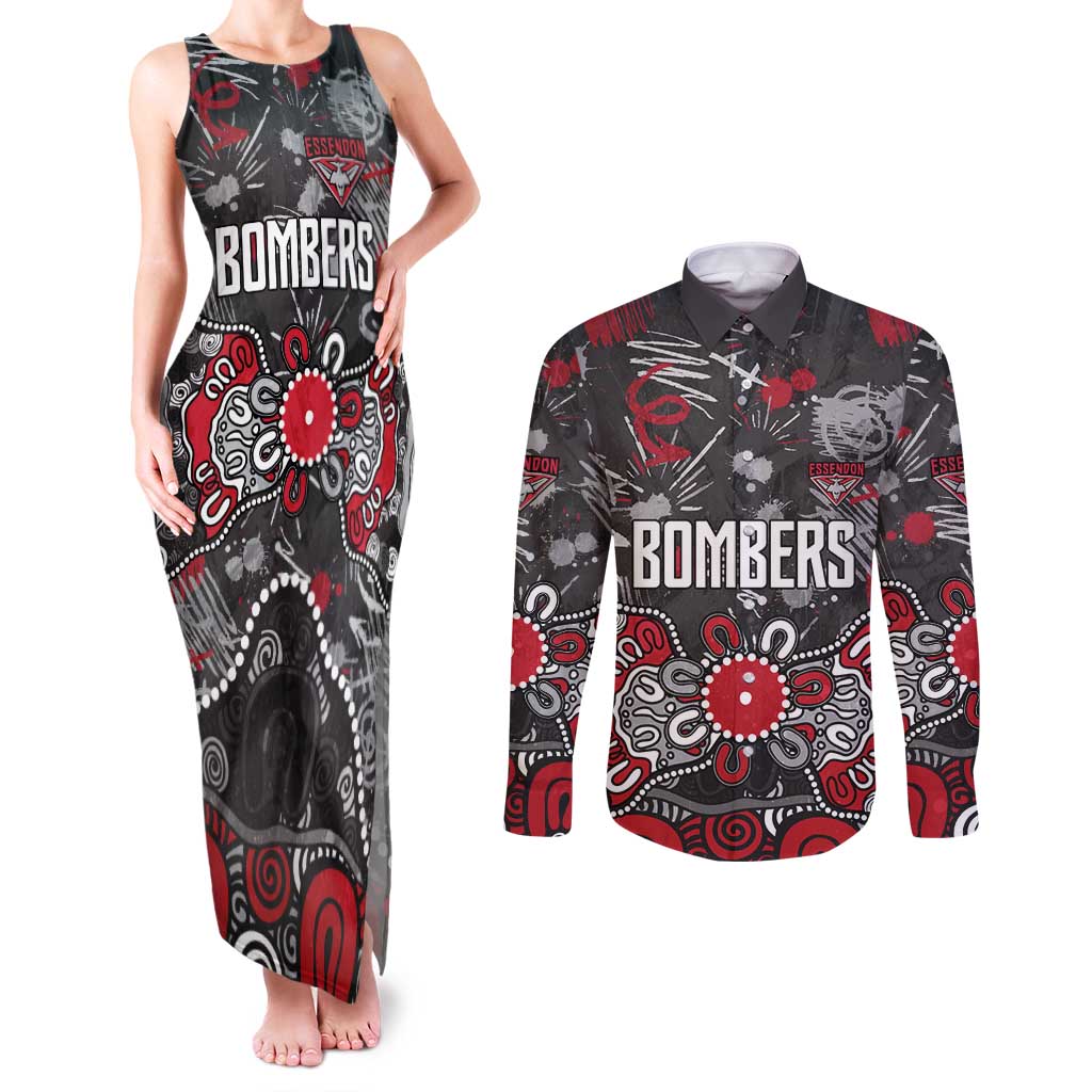 Personalized Essendon Bombers Couples Matching Tank Maxi Dress and Long Sleeve Button Shirt Aboriginal Dot Painting Graffiti Style