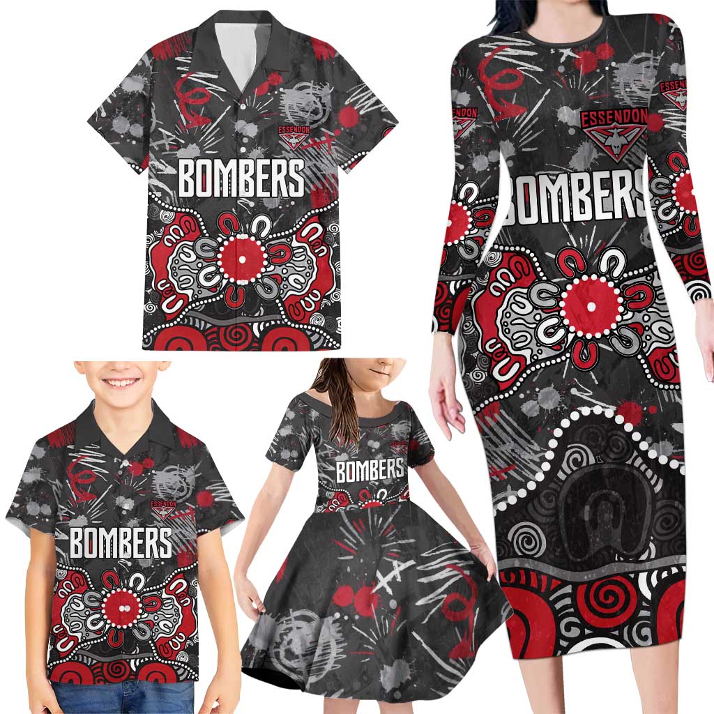 Personalized Essendon Bombers Family Matching Long Sleeve Bodycon Dress and Hawaiian Shirt Aboriginal Dot Painting Graffiti Style