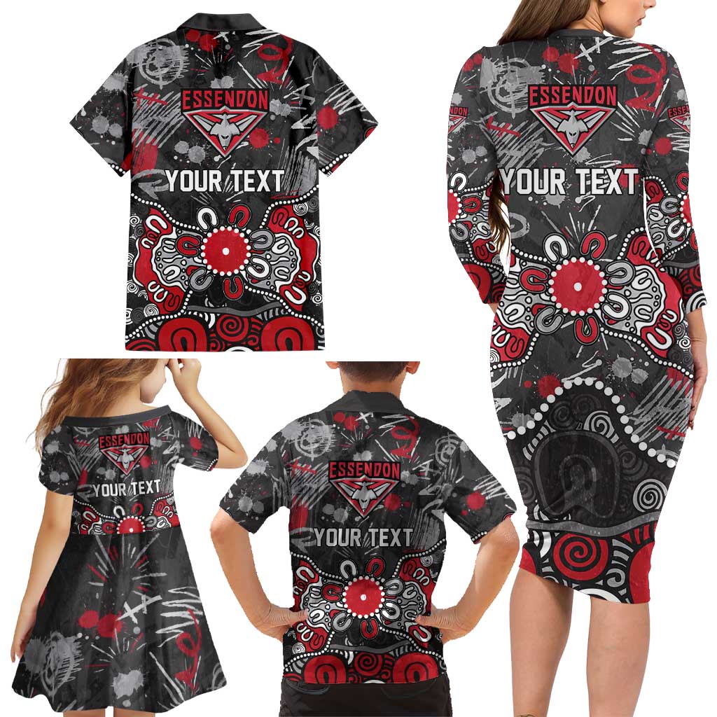 Personalized Essendon Bombers Family Matching Long Sleeve Bodycon Dress and Hawaiian Shirt Aboriginal Dot Painting Graffiti Style