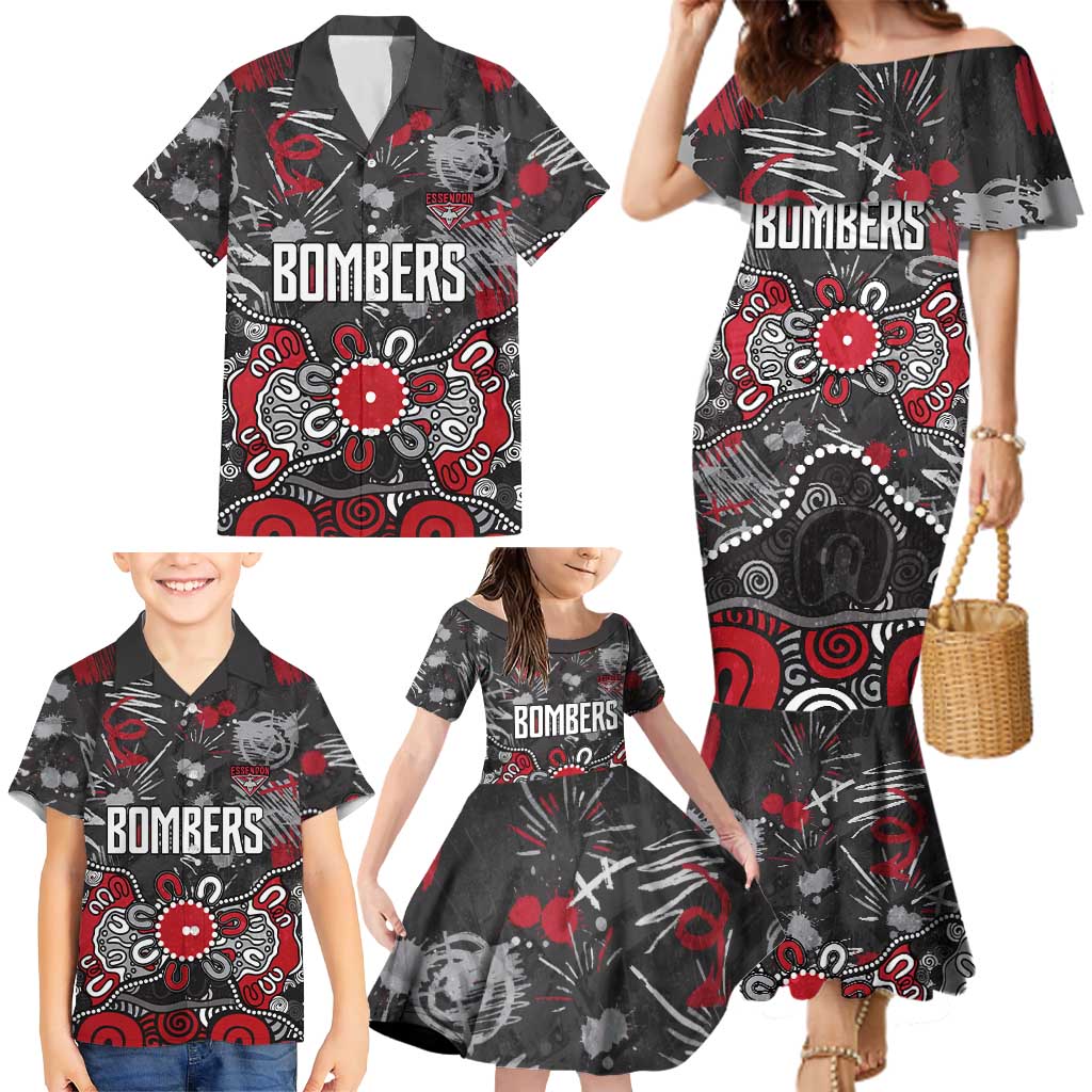 Personalized Essendon Bombers Family Matching Mermaid Dress and Hawaiian Shirt Aboriginal Dot Painting Graffiti Style