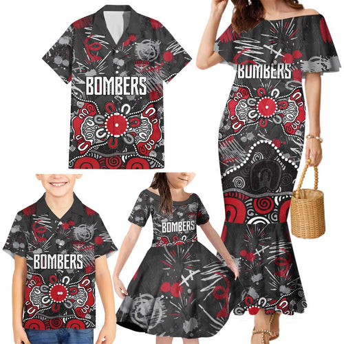 Personalized Essendon Bombers Family Matching Mermaid Dress and Hawaiian Shirt Aboriginal Dot Painting Graffiti Style