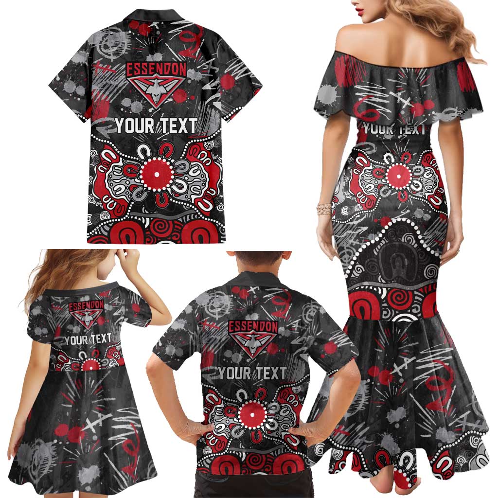 Personalized Essendon Bombers Family Matching Mermaid Dress and Hawaiian Shirt Aboriginal Dot Painting Graffiti Style