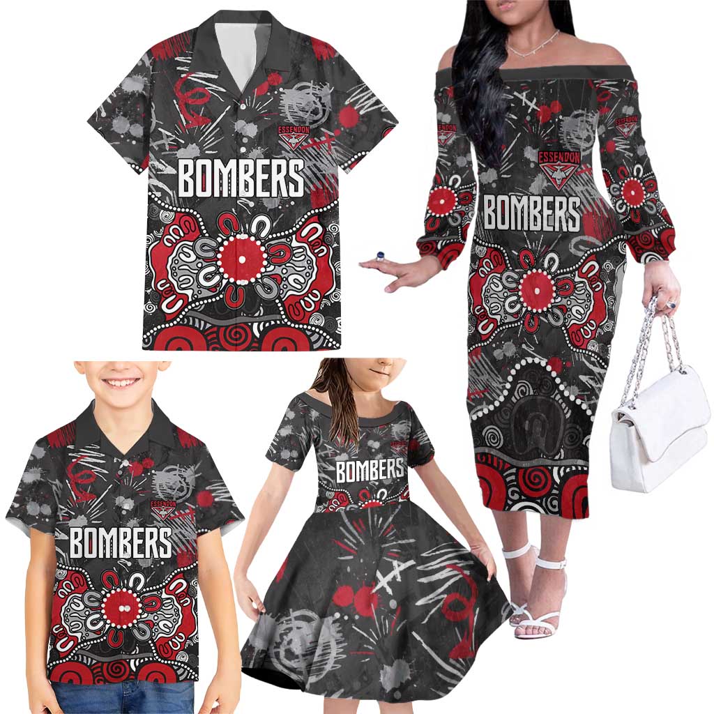 Personalized Essendon Bombers Family Matching Off The Shoulder Long Sleeve Dress and Hawaiian Shirt Aboriginal Dot Painting Graffiti Style