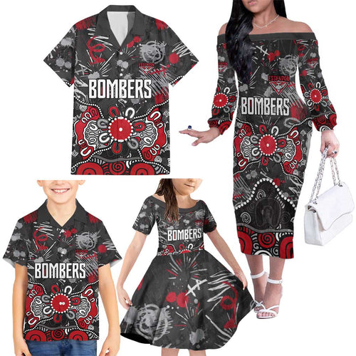 Personalized Essendon Bombers Family Matching Off The Shoulder Long Sleeve Dress and Hawaiian Shirt Aboriginal Dot Painting Graffiti Style
