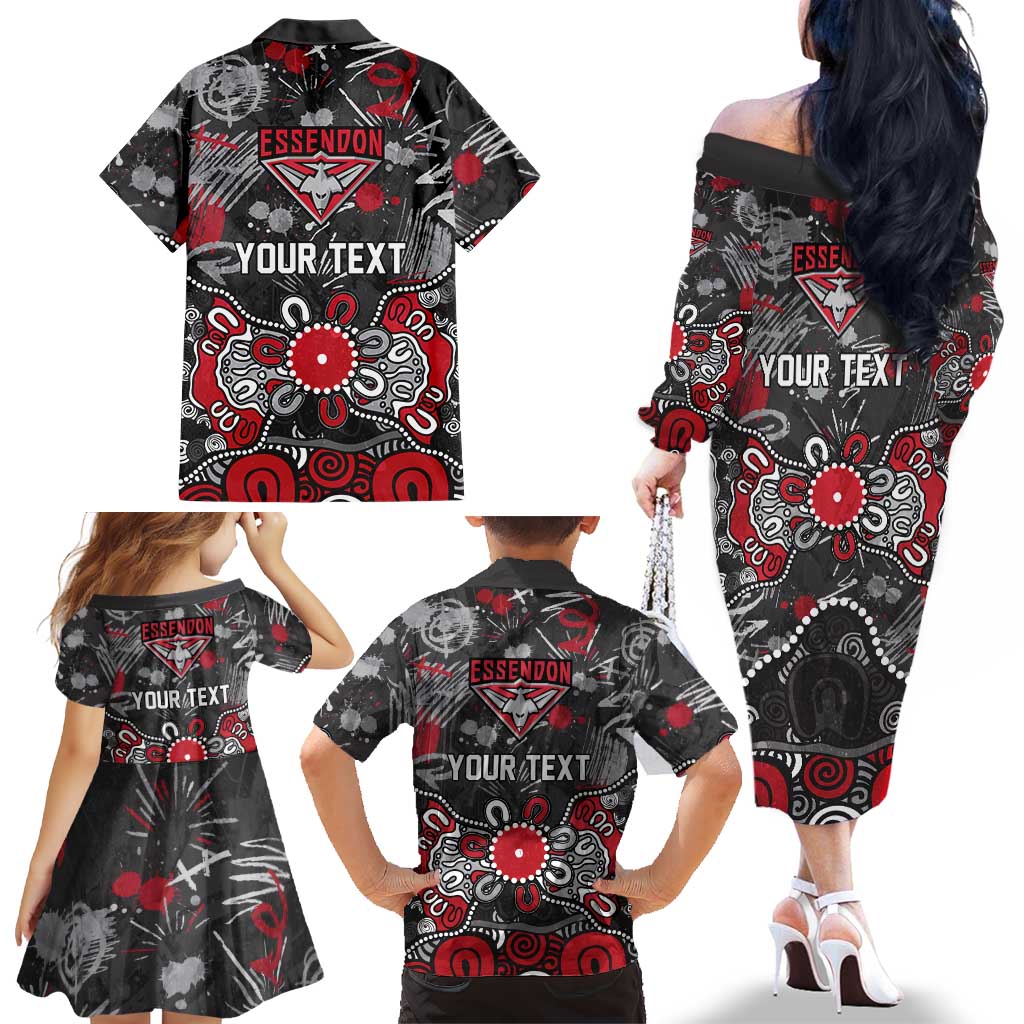 Personalized Essendon Bombers Family Matching Off The Shoulder Long Sleeve Dress and Hawaiian Shirt Aboriginal Dot Painting Graffiti Style