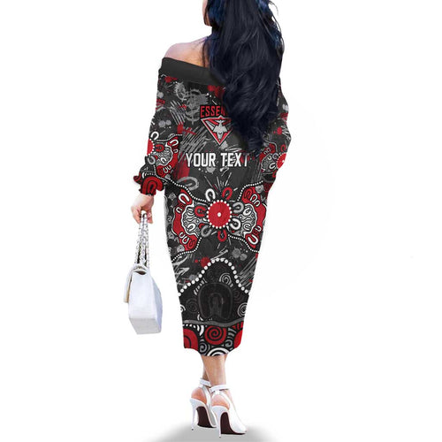 Personalized Essendon Bombers Family Matching Off The Shoulder Long Sleeve Dress and Hawaiian Shirt Aboriginal Dot Painting Graffiti Style