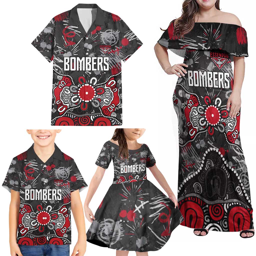 Personalized Essendon Bombers Family Matching Off Shoulder Maxi Dress and Hawaiian Shirt Aboriginal Dot Painting Graffiti Style