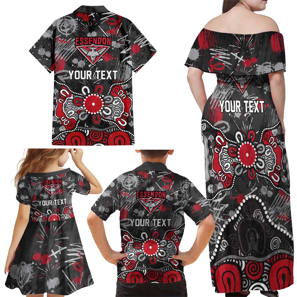 Personalized Essendon Bombers Family Matching Off Shoulder Maxi Dress and Hawaiian Shirt Aboriginal Dot Painting Graffiti Style