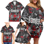 Personalized Essendon Bombers Family Matching Off Shoulder Short Dress and Hawaiian Shirt Aboriginal Dot Painting Graffiti Style