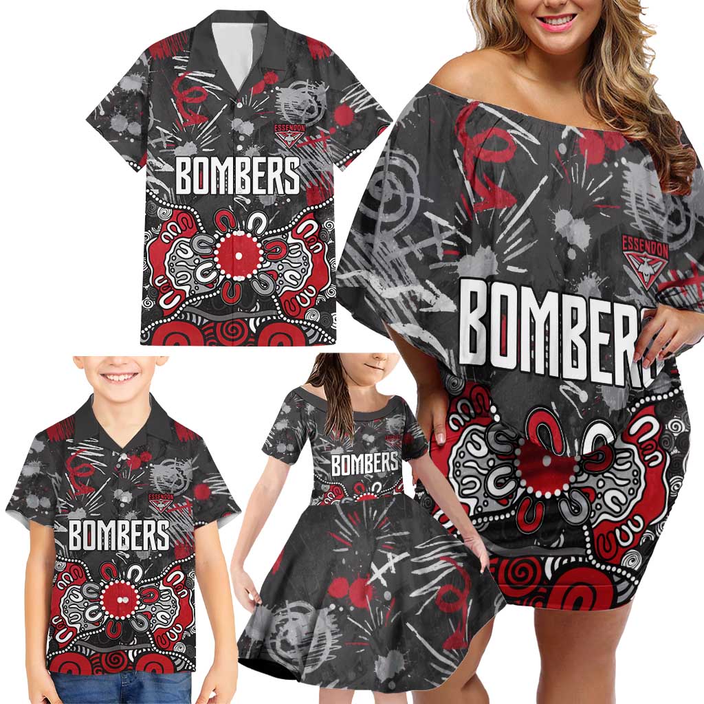 Personalized Essendon Bombers Family Matching Off Shoulder Short Dress and Hawaiian Shirt Aboriginal Dot Painting Graffiti Style