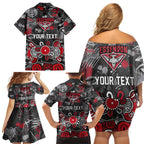 Personalized Essendon Bombers Family Matching Off Shoulder Short Dress and Hawaiian Shirt Aboriginal Dot Painting Graffiti Style