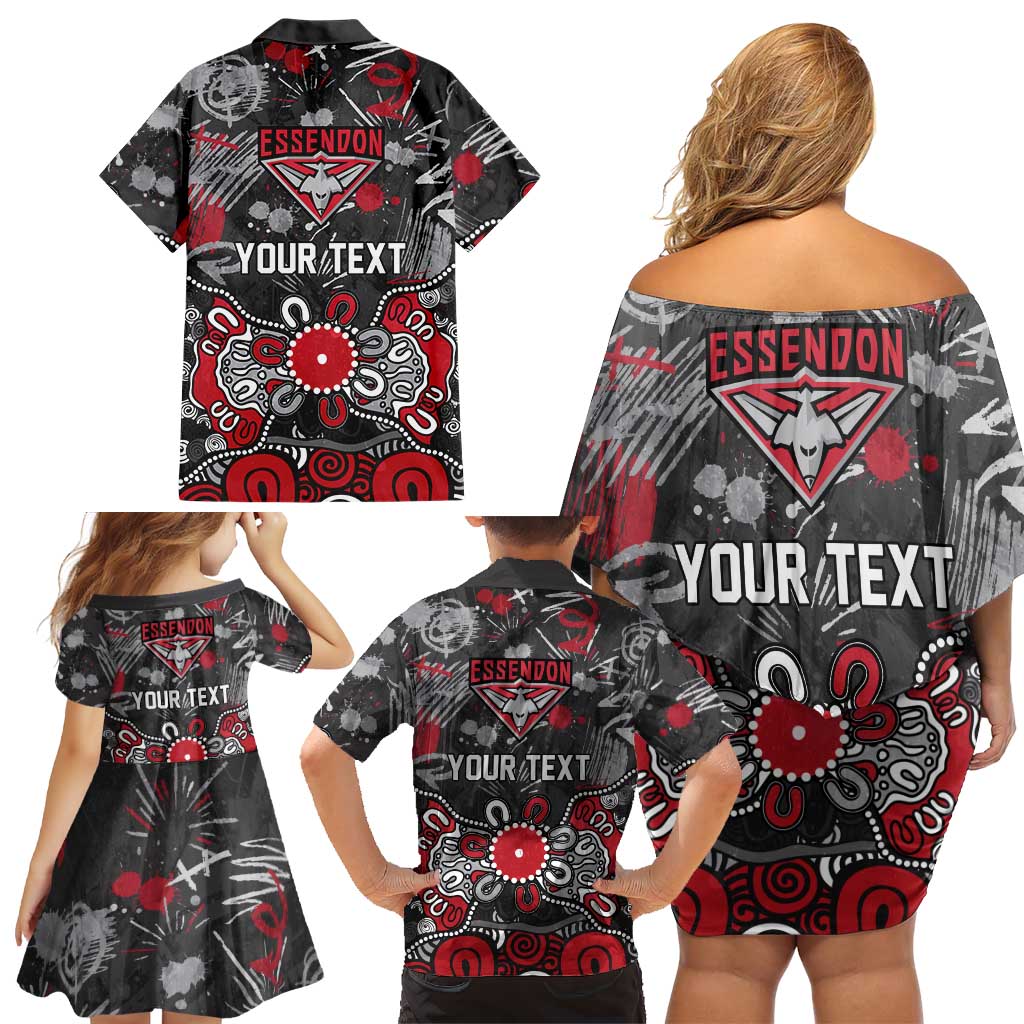 Personalized Essendon Bombers Family Matching Off Shoulder Short Dress and Hawaiian Shirt Aboriginal Dot Painting Graffiti Style