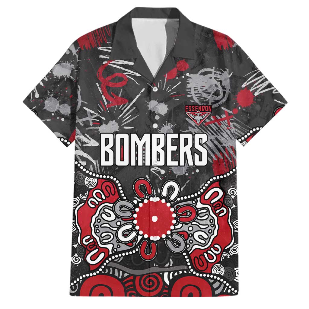 Personalized Essendon Bombers Family Matching Off Shoulder Short Dress and Hawaiian Shirt Aboriginal Dot Painting Graffiti Style