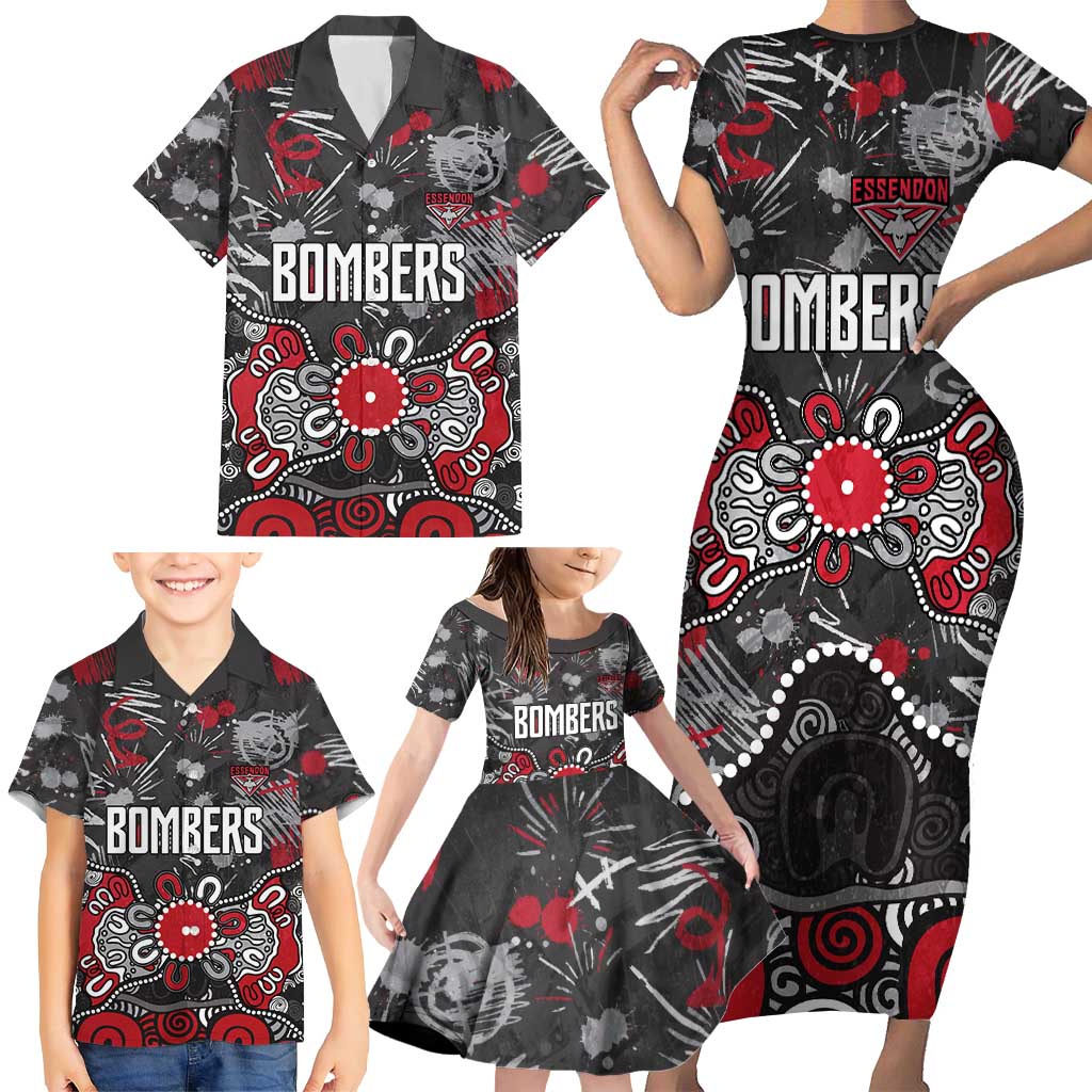 Personalized Essendon Bombers Family Matching Short Sleeve Bodycon Dress and Hawaiian Shirt Aboriginal Dot Painting Graffiti Style