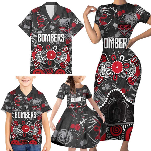 Personalized Essendon Bombers Family Matching Short Sleeve Bodycon Dress and Hawaiian Shirt Aboriginal Dot Painting Graffiti Style