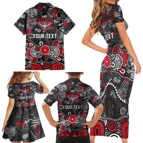 Personalized Essendon Bombers Family Matching Short Sleeve Bodycon Dress and Hawaiian Shirt Aboriginal Dot Painting Graffiti Style
