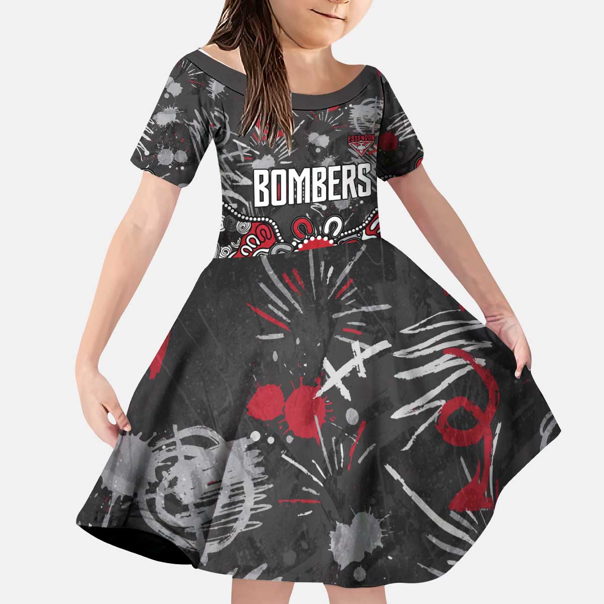 Personalized Essendon Bombers Kid Short Sleeve Dress Aboriginal Dot Painting Graffiti Style