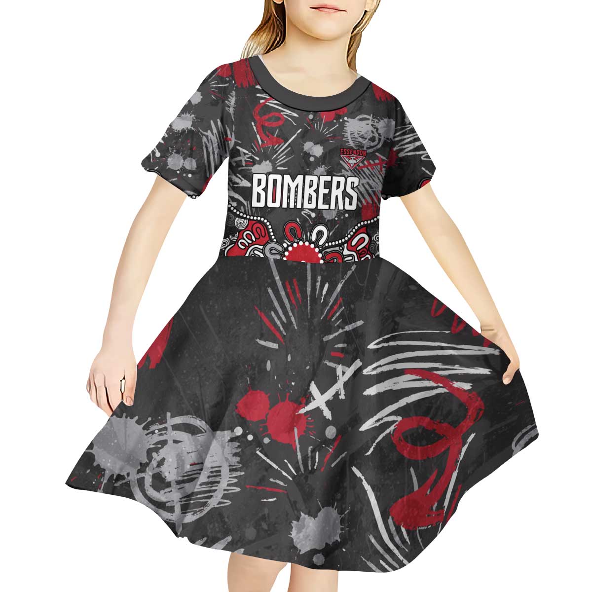 Personalized Essendon Bombers Kid Short Sleeve Dress Aboriginal Dot Painting Graffiti Style