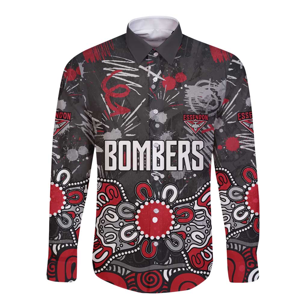 Personalized Essendon Bombers Long Sleeve Button Shirt Aboriginal Dot Painting Graffiti Style
