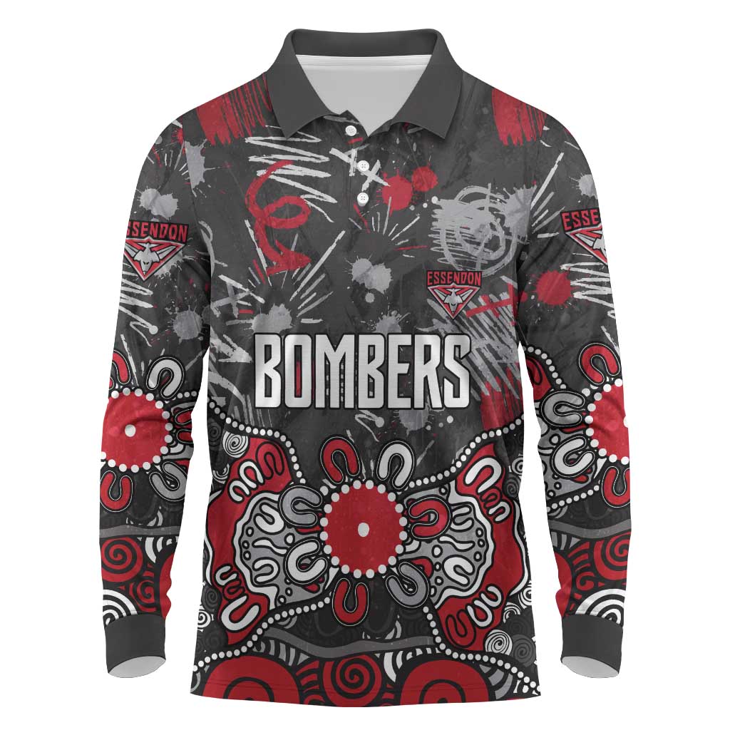 Personalized Essendon Bombers Long Sleeve Polo Shirt Aboriginal Dot Painting Graffiti Style
