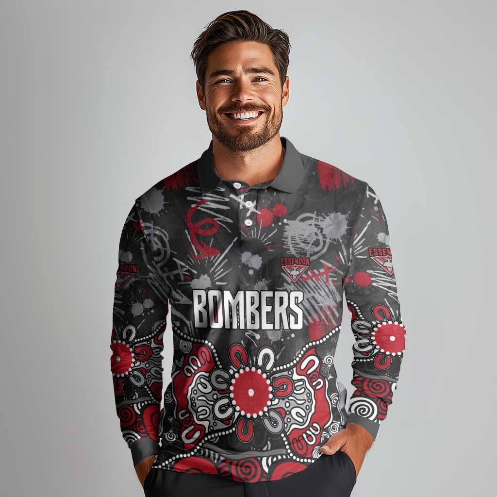 Personalized Essendon Bombers Long Sleeve Polo Shirt Aboriginal Dot Painting Graffiti Style