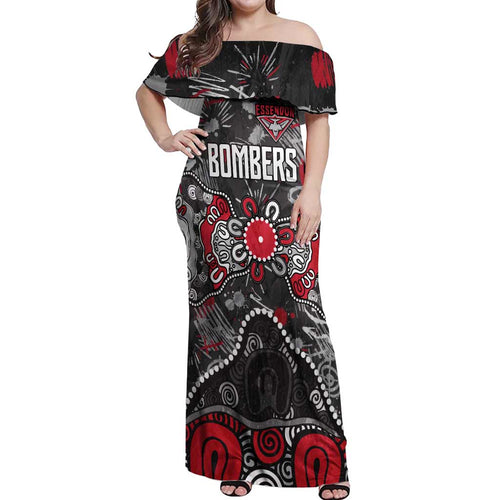 Personalized Essendon Bombers Off Shoulder Maxi Dress Aboriginal Dot Painting Graffiti Style