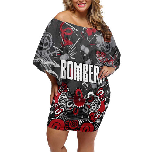 Personalized Essendon Bombers Off Shoulder Short Dress Aboriginal Dot Painting Graffiti Style