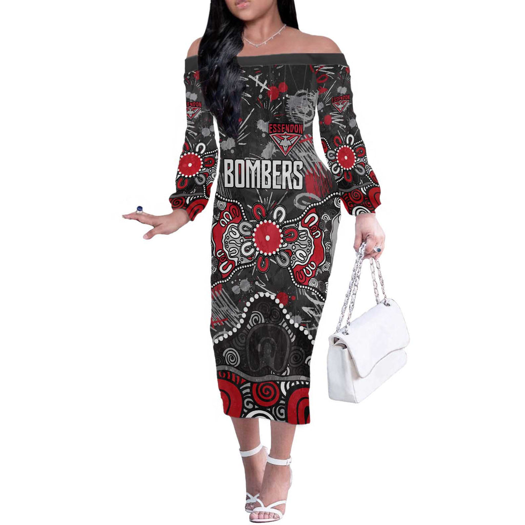 Personalized Essendon Bombers Off The Shoulder Long Sleeve Dress Aboriginal Dot Painting Graffiti Style