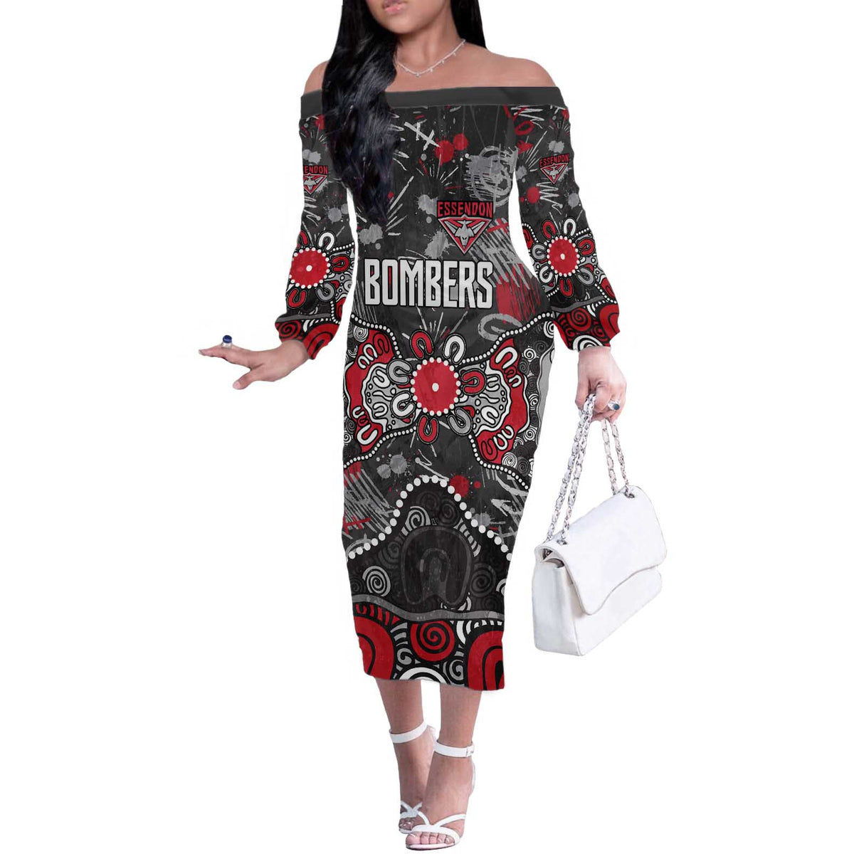 Personalized Essendon Bombers Off The Shoulder Long Sleeve Dress Aboriginal Dot Painting Graffiti Style