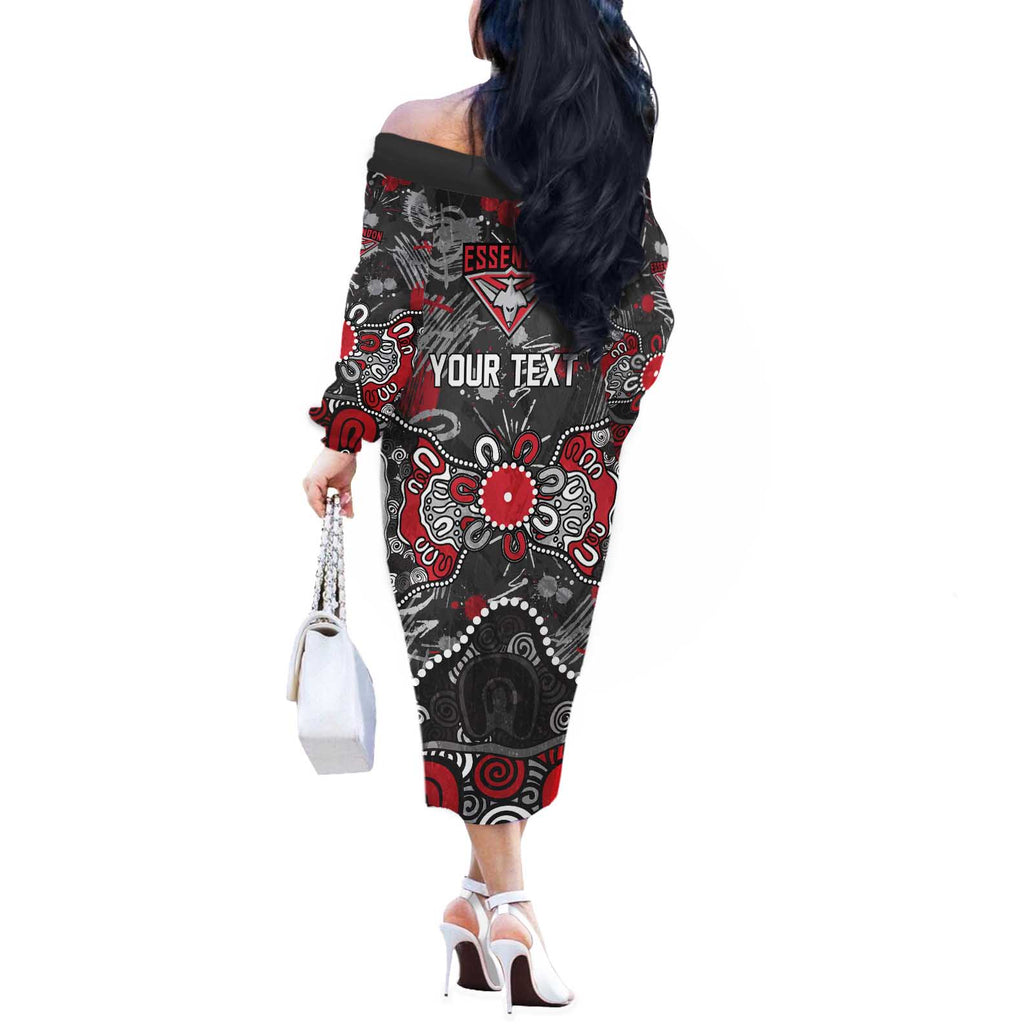 Personalized Essendon Bombers Off The Shoulder Long Sleeve Dress Aboriginal Dot Painting Graffiti Style