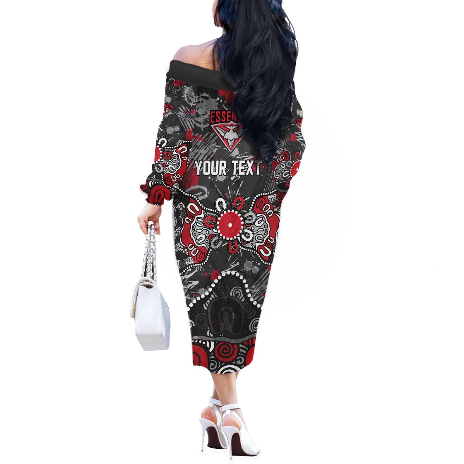 Personalized Essendon Bombers Off The Shoulder Long Sleeve Dress Aboriginal Dot Painting Graffiti Style