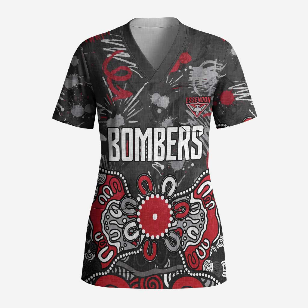 Personalized Essendon Bombers Scrub Top Aboriginal Dot Painting Graffiti Style