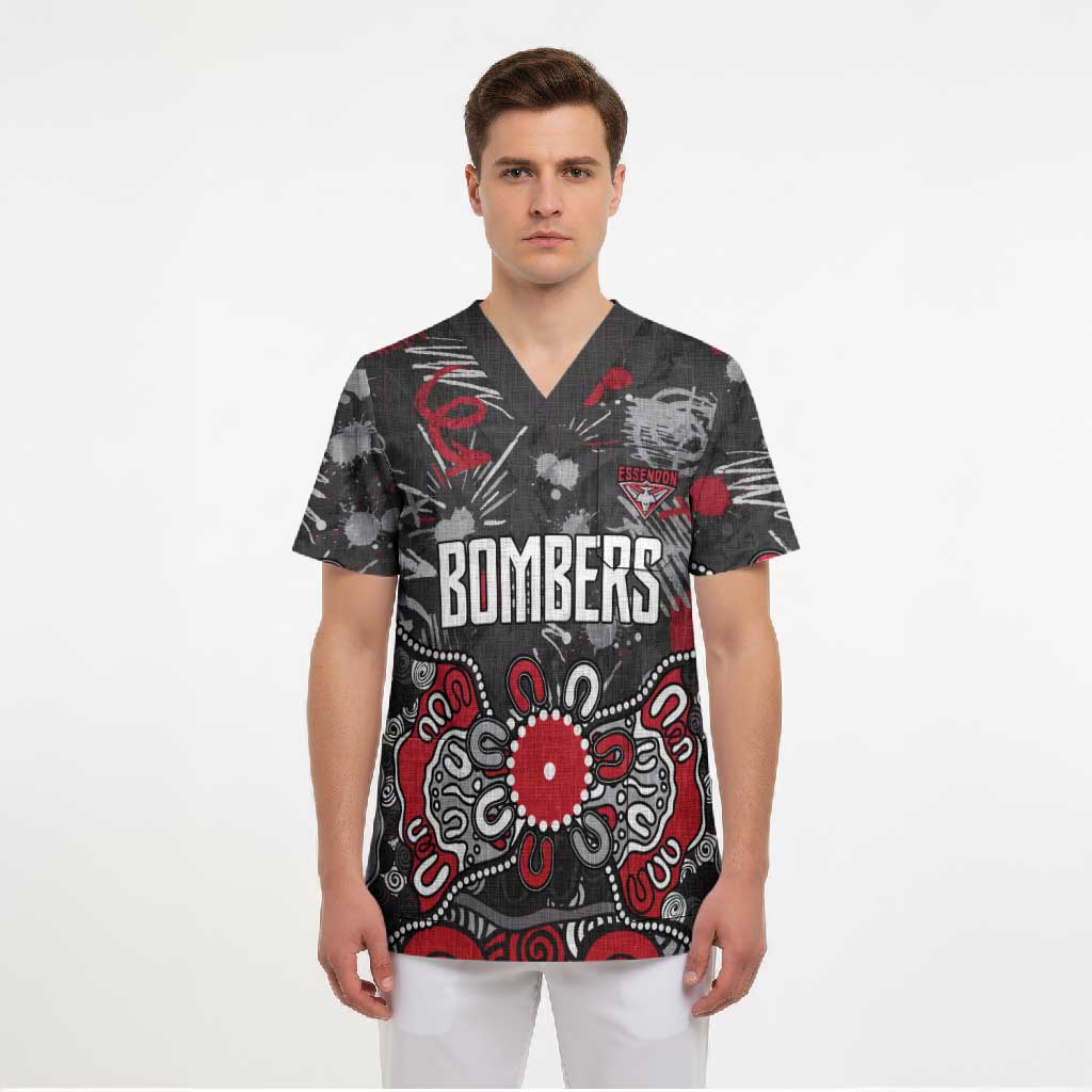 Personalized Essendon Bombers Scrub Top Aboriginal Dot Painting Graffiti Style