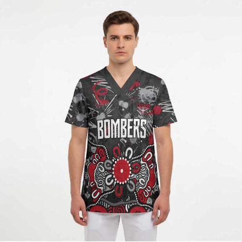Personalized Essendon Bombers Scrub Top Aboriginal Dot Painting Graffiti Style