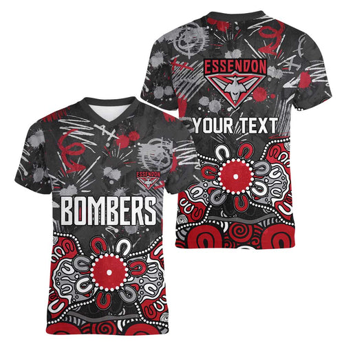 Personalized Essendon Bombers Women V-Neck T-Shirt Aboriginal Dot Painting Graffiti Style