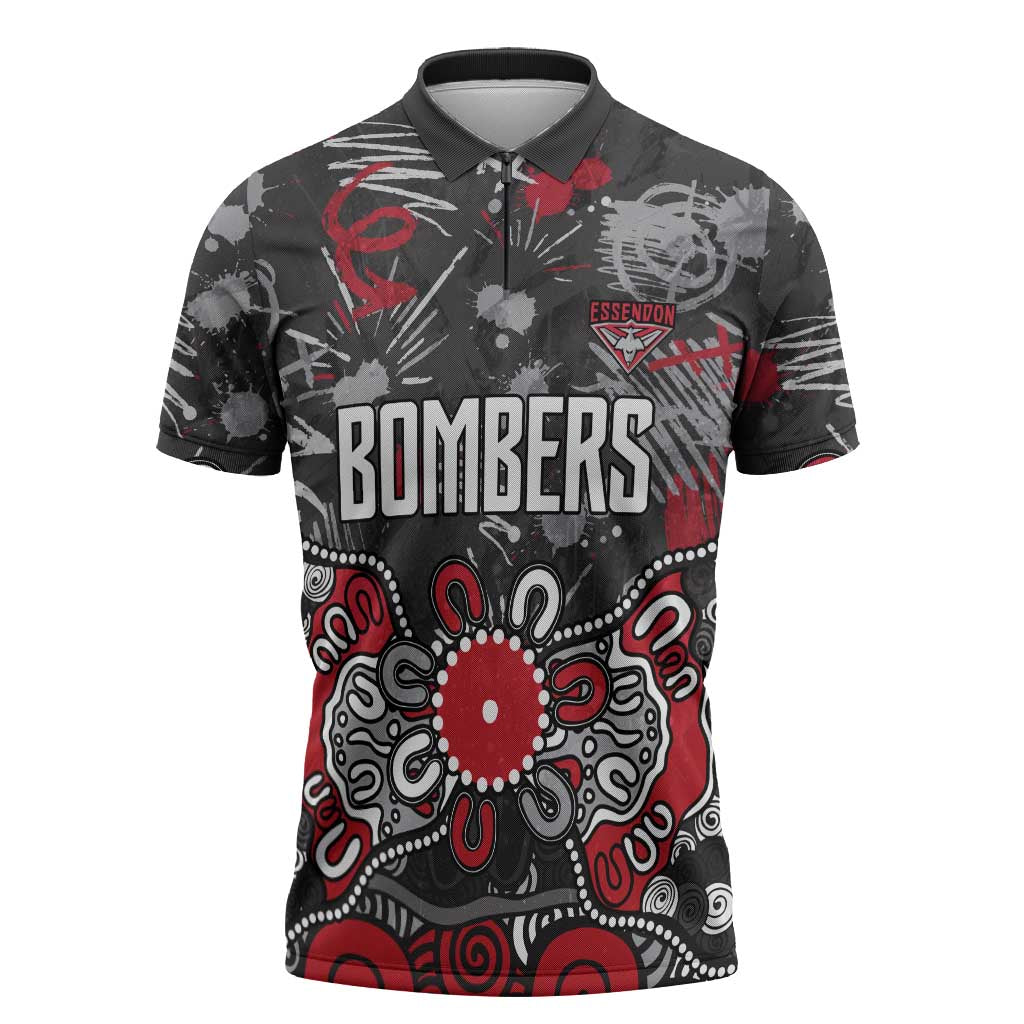 Personalized Essendon Bombers Zipper Polo Shirt Aboriginal Dot Painting Graffiti Style