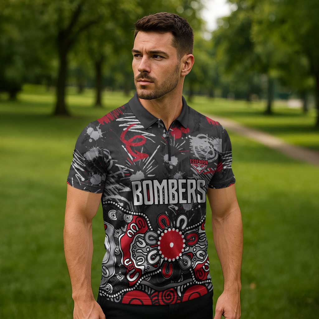 Personalized Essendon Bombers Zipper Polo Shirt Aboriginal Dot Painting Graffiti Style