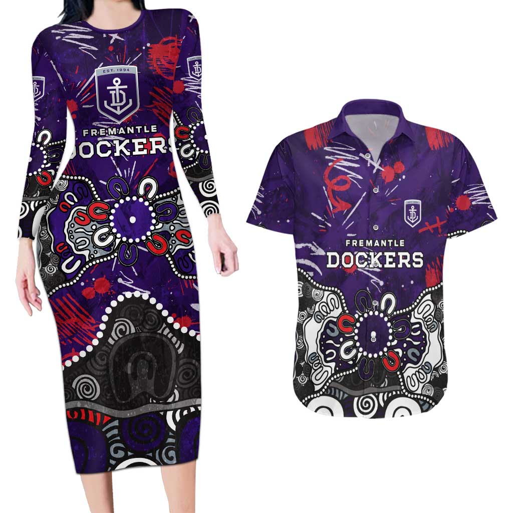 Personalized Fremantle Dockers Couples Matching Long Sleeve Bodycon Dress and Hawaiian Shirt Aboriginal Dot Painting Graffiti Style