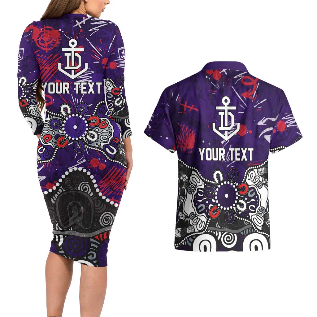 Personalized Fremantle Dockers Couples Matching Long Sleeve Bodycon Dress and Hawaiian Shirt Aboriginal Dot Painting Graffiti Style