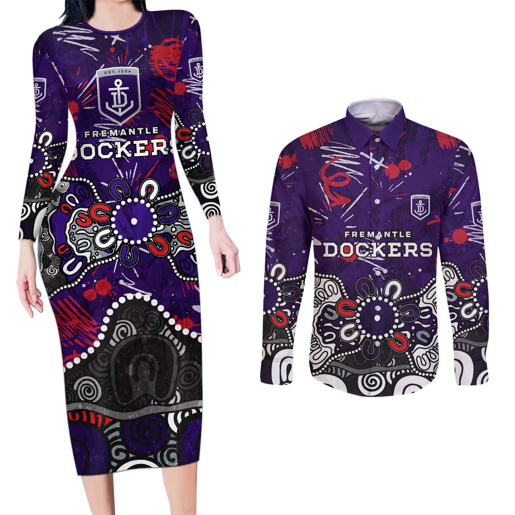 Personalized Fremantle Dockers Couples Matching Long Sleeve Bodycon Dress and Long Sleeve Button Shirt Aboriginal Dot Painting Graffiti Style