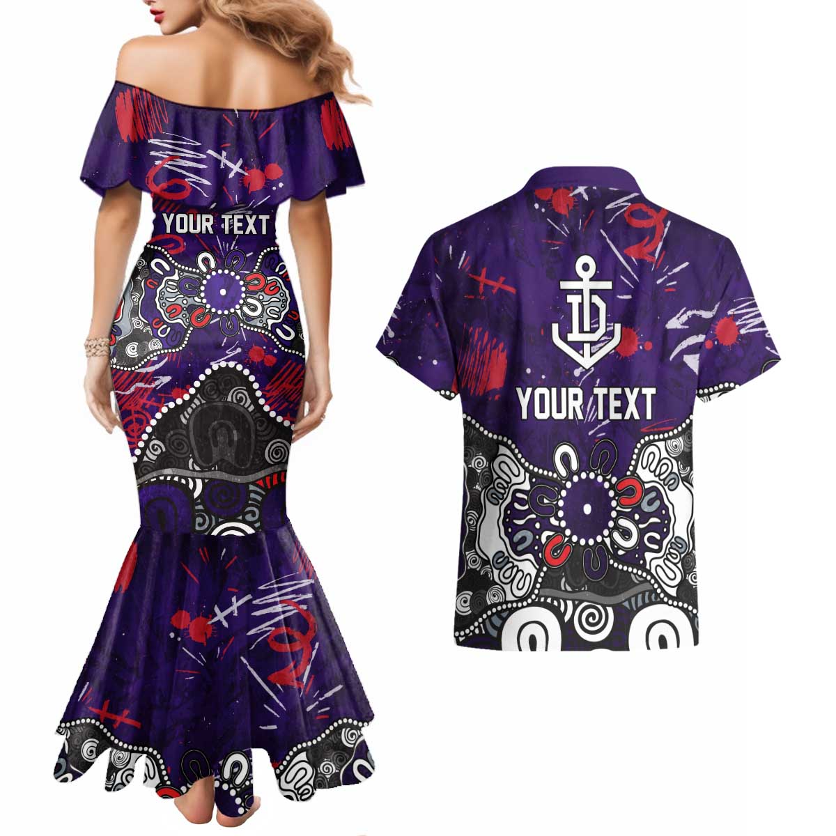 Personalized Fremantle Dockers Couples Matching Mermaid Dress and Hawaiian Shirt Aboriginal Dot Painting Graffiti Style