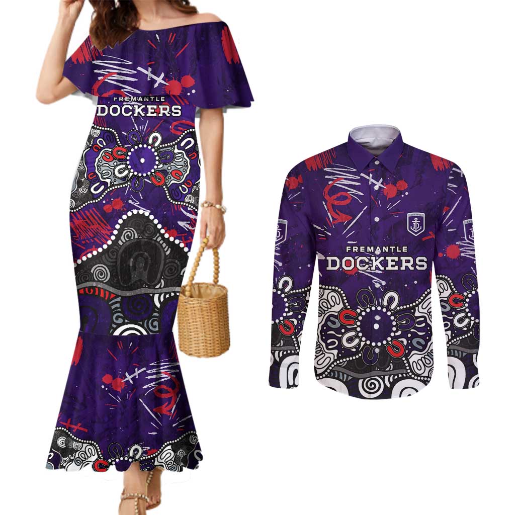 Personalized Fremantle Dockers Couples Matching Mermaid Dress and Long Sleeve Button Shirt Aboriginal Dot Painting Graffiti Style
